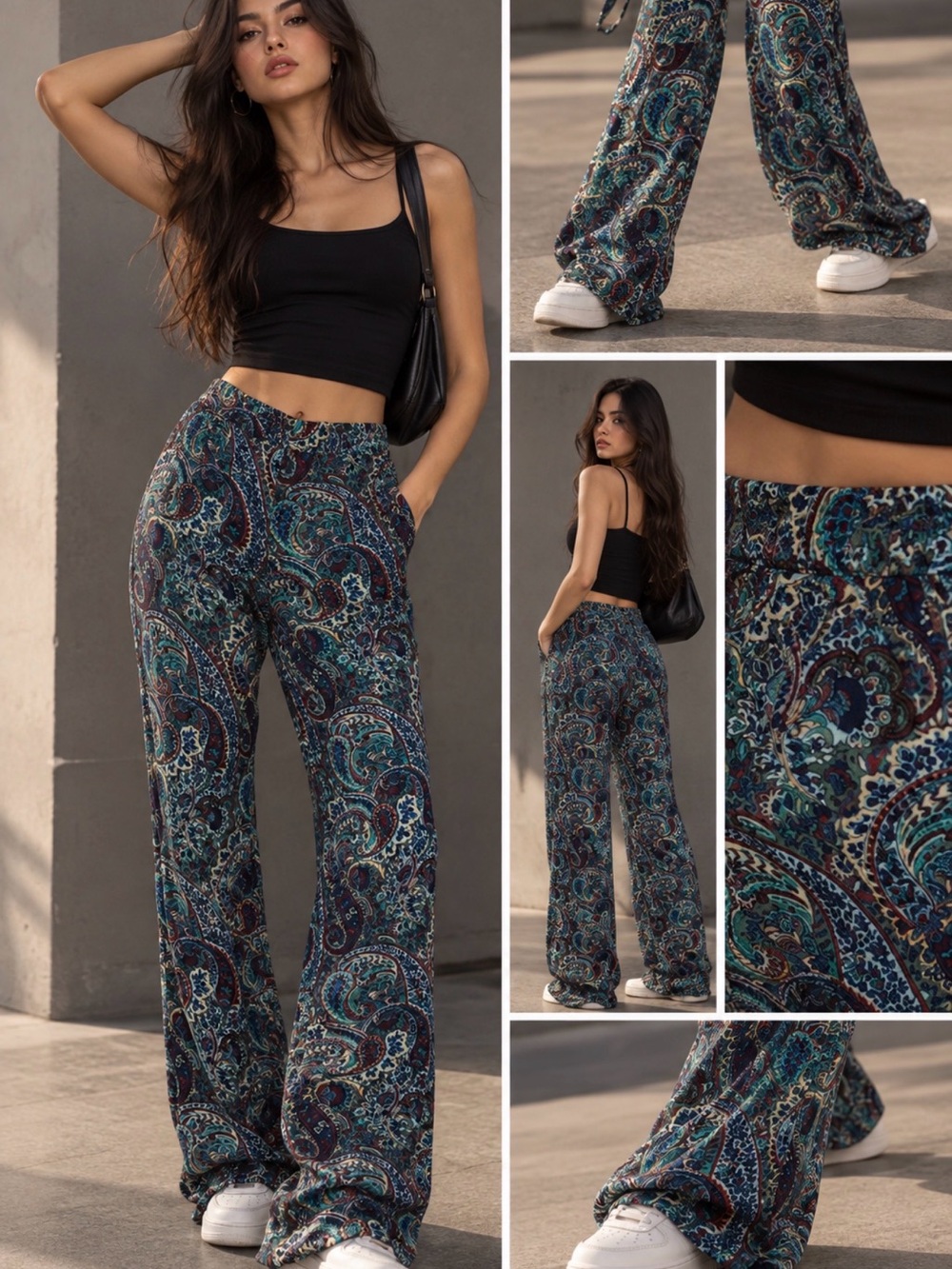 Zara Teal Navy Paisley Wide-Leg Pants